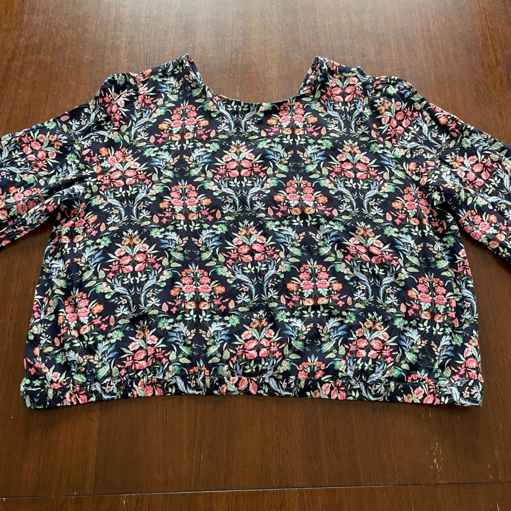 LOFT Floral Damask Print Long Sleeve Cropped Blouse‎ Navy XL feminine career nwt - Picture 6 of 14